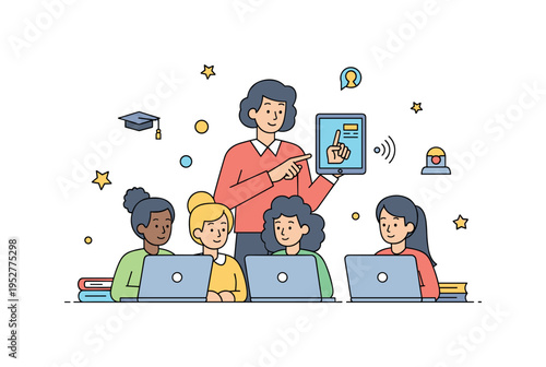 Teachers and students using educational technology with a classroom setup showing cloud-based learning resources on multiple screens, emphasizing modern