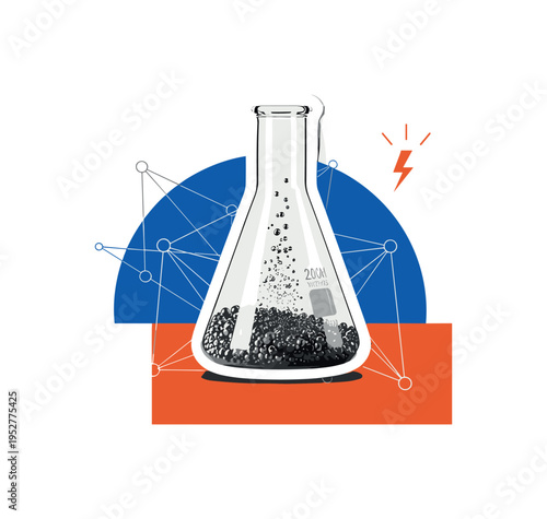 High-contrast monochrome laboratory beaker with metallic particles settling at the bottom, sticker-like white contour around the glass, large cobalt blue