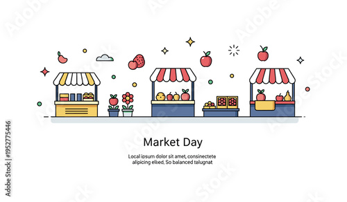 Local neighborhood market illustration featuring small vendor stalls along a street with simple fruit and flower icons, symbolizing commerce and social
