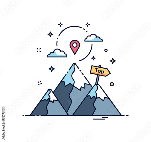 High altitude peak snow capped mountain top with a small marker sign reading Top and bright sky circle above, conveying clarity, elevation, and milestone