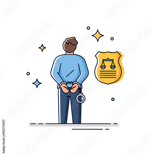 Accused individual with hands behind back in handcuffs, standing next to a police badge symbol and small abstract stars representing justice, accountability,