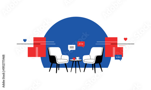 Black and white two chairs facing each other with simple desk between, bold electric blue vertical bar dividing composition like safe space boundary, thin