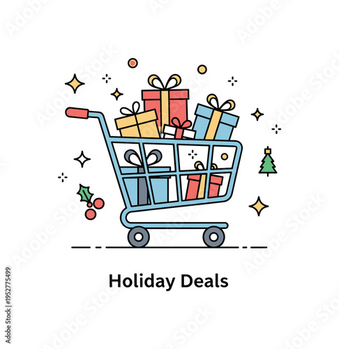 Shopping trolley holiday shopping rush theme showing a cart filled with gift box silhouettes and tiny sparkle accents, symbolizing festive retail excitement
