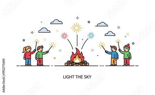 Traditional bonfire night scene featuring a small fire with tiny fireworks icons in the sky and simplified figures waving sparklers, symbolizing festive ritual