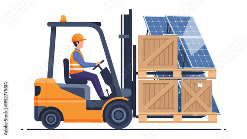 Solar Panel Transport by Forklift: A dedicated worker skillfully operates a forklift, transporting solar panels, symbolizing the efficient movement of renewable energy resources.