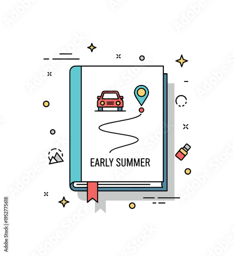 Road trip travel guide for early summer centered on a guidebook with a tiny car icon and curved route line across its cover, expressing spontaneity and scenic