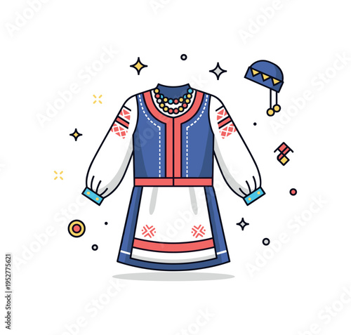 Traditional costume showcase illustrated through a detailed garment silhouette with subtle pattern accents and tiny sparkle details, expressing craftsmanship,