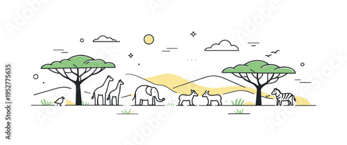 Safari landscape scene. Wide savanna with acacia trees and distant animals, expressing openness and natural harmony. The composition feels airy and balanced,