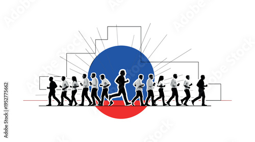 Black and white group of office employees jogging together in coordinated formation, oversized bold cobalt blue circle behind the central runner as unity halo,