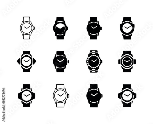 luxurious watch. Icon set. Set Logo of luxurious watch: premium watch strap. harmonious logo variations of the same emblematic concept, each with different