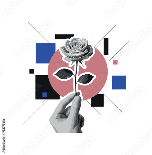 A monochrome flower held delicately between fingers, bold flat circular sun-like shape behind representing positivity, abstract geometric blocks balancing