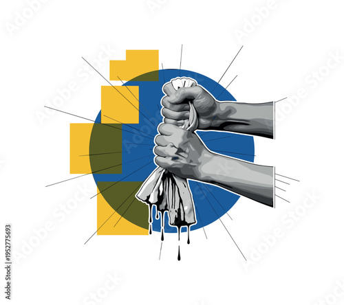 black and white artisan hand wringing dyed cloth, deep blue circular frame and yellow geometric blocks layered behind, thin intersecting lines emphasizing