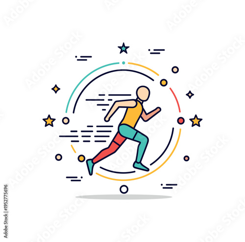 Active lifestyle jogging badge featuring a central dynamic runner framed by subtle circular motion lines, expressing continuous movement and healthy energy.