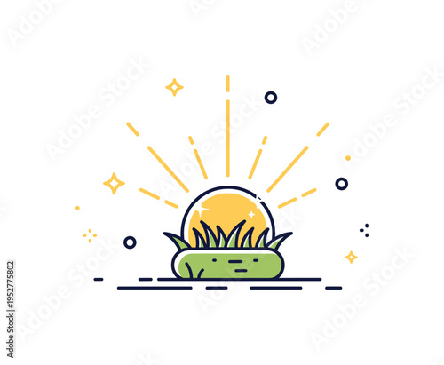 Golden sunlight over grass bright sun rays extending gently above a simple meadow patch with subtle sparkle highlights, expressing optimism and vibrant outdoor