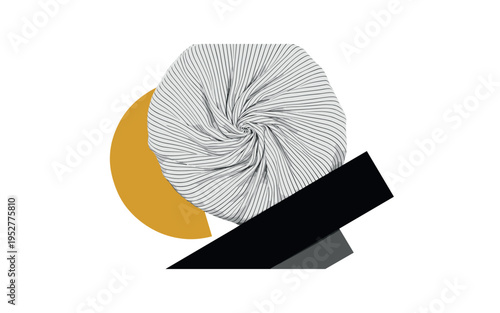 monochrome silk fabric gathered in soft spiral composition, oversized and centered, overlapping mustard yellow semicircle and deep black rectangular forms,