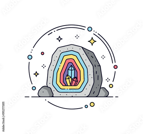 Geode cross section revealing colorful inner crystal layers within a simple rock outline, expressing hidden beauty and geological wonder. Subtle sparkle