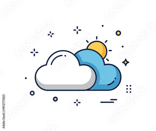 Partly cloudy forecast concept centered on two overlapping clouds with a small sun accent peeking from behind, symbolizing balanced weather conditions. The