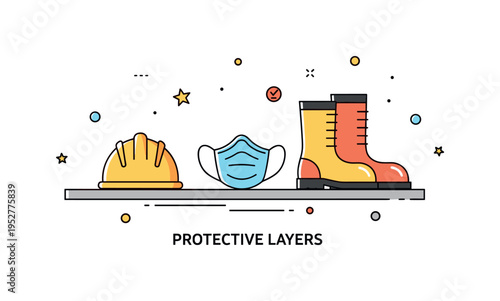 PPE gear laid out on table personal protective essentials concept showing a hard hat, mask, and safety boots aligned in a tidy row, symbolizing layered