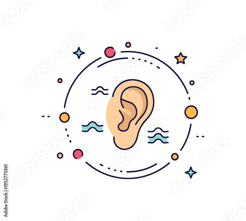 Auditory sense badge circular emblem featuring an ear icon and subtle wave accents, representing the sense of hearing and acoustic awareness. Minimalist flat