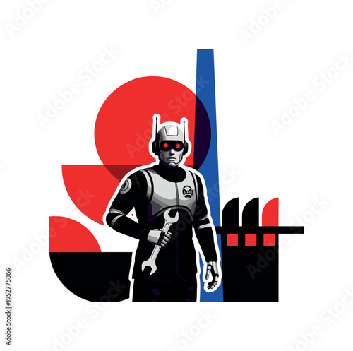 Black and white humanoid maintenance robot holding a wrench, oversized red geometric circle behind the figure like an industrial sun, cobalt blue vertical line