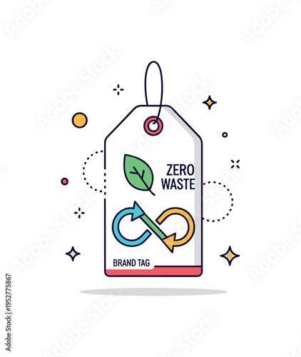 Zero waste brand tag hanging product tag with leaf and infinity loop symbol combined, subtle dotted accents reinforcing circular economy concept. A