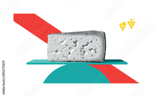 Black and white cheese wedge close-up with textured surface detail, vivid teal half circle supporting the base, bright red diagonal stripe slicing across