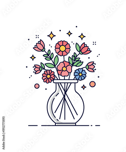 Floral design and arrangement illustrated through a vase filled with balanced blossoms and subtle sparkle accents, expressing artistry and aesthetic