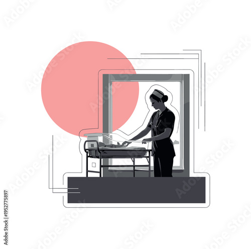 Black and white nurse adjusting hospital bassinet beside window, oversized soft pink circular halo behind upper frame, muted charcoal rectangular
