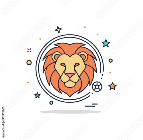 Minimal lion icon badge single line style lion face enclosed within a thin circular frame. A concise visual element suitable for branding, sports teams, or