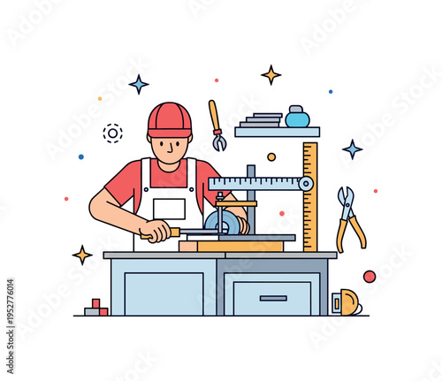 A contractor cutting a countertop to fit the kitchen layout with tools and measuring devices, emphasizing customization, precision, and