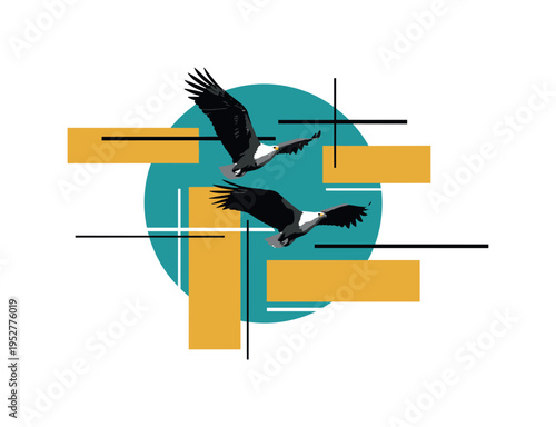 minimalist monochrome pair of African eagles flying in formation, contrasted by bold teal circular backdrop and mustard yellow rectangular shapes, thin