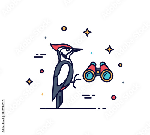 Birdwatching woodpecker symbol featuring a perched woodpecker silhouette with a small binocular icon nearby, symbolizing outdoor observation and wildlife