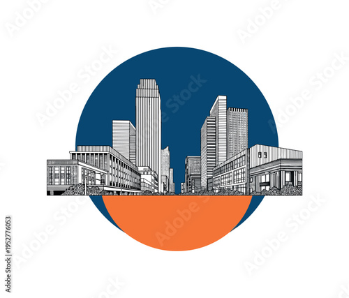 downtown district street scene in monochrome photography style, large deep blue geometric circle behind buildings and orange half-circle intersecting