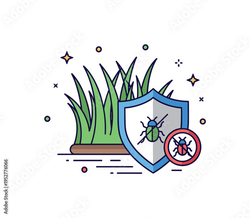 Lawn pest control solution illustrated by a grass patch combined with a shield and tiny bug icon crossed out, communicating protection and yard safety. The