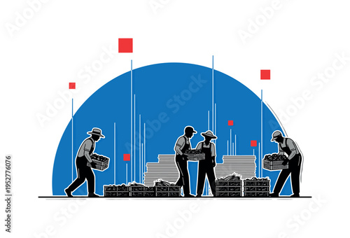Realistic monochrome agricultural workers planting seedlings in neat lines, layered with floating blue cylindrical shapes and minimal square accents
