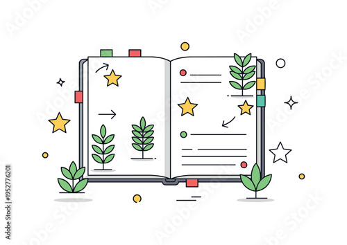 Open notebook with scattered sketches of plants, stars, and arrows, some highlighted with colorful dots, representing inspiration and artistic journaling.