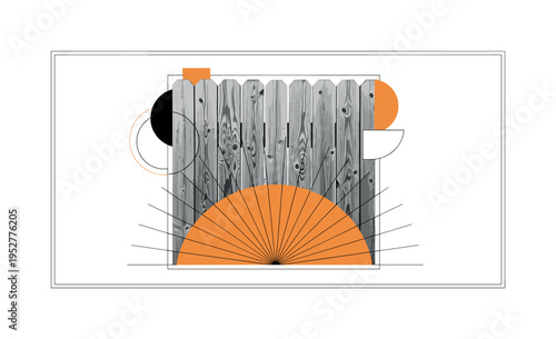 Black and white rustic wooden fence with visible grain texture enlarged centrally, bold warm orange semicircle anchoring the lower area like a grounded base,