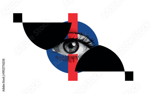 Black and white eye with intense gaze centered compositionally, large deep blue circle behind symbolizing inner power, thin red vertical stripe dividing visual