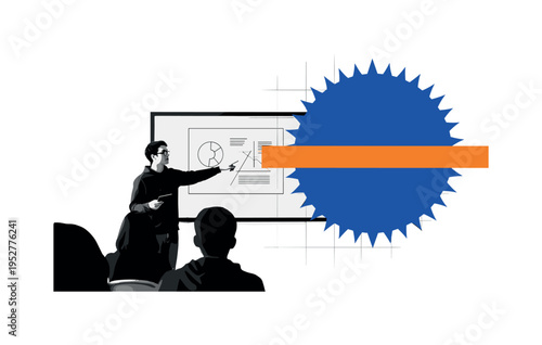 Black and white student presenting in front of class pointing at chart, large electric blue sun-like circle behind intersected by sharp orange horizontal bar