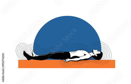 Black and white person lying in savasana pose, large blue semicircle framing upper composition like calm sky, orange rectangular accent beneath the body