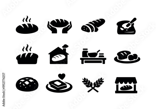 Comfort Bread. Solid icon set of Comfort Bread: warm loaf, steam waves, cozy bread moment, sliced baguette, butter spread, bread aroma, home baking, kitchen