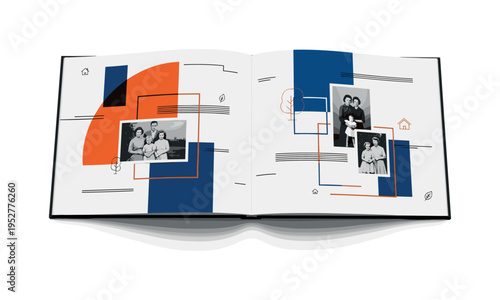 black and white family photo album opened wide, layered with burnt orange semicircle and deep blue abstract blocks, thin horizontal lines and minimal icon