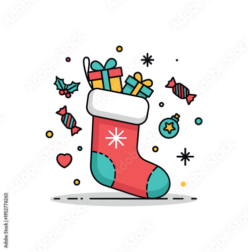 Christmas stocking hanging with small gifts, candy, and festive trinkets spilling out slightly, small abstract dots and stars emphasizing holiday cheer and