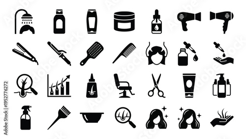Black and White Hairdressing Salon Icons on White Background
