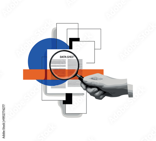Black and white hand holding magnifying glass over printed data sheet, oversized cobalt blue circle intersecting the lens, burnt orange horizontal stripe