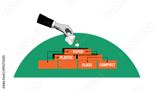 Black and white hand dropping waste into clearly labeled recycling bins, bold emerald semicircle rising from bottom edge, orange rectangular panels layered