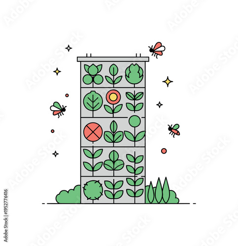 Vertical garden installation represented by a tall wall panel filled with geometric plant shapes and small pollinator icons nearby, symbolizing biodiversity in