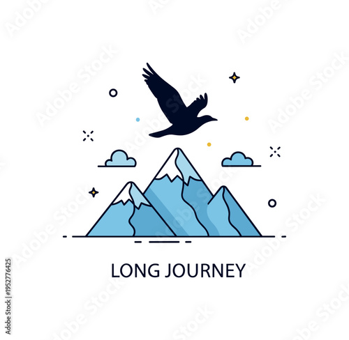 Migratory birds mountain crossing scene featuring a bird silhouette flying above a simple layered mountain shape, expressing endurance and long distance