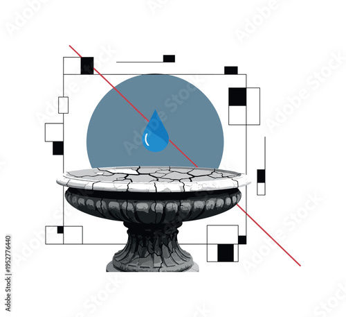 Black and white dry fountain basin contrasted with single blue droplet graphic above, large muted blue circle symbolizing water scarcity theme, thin red