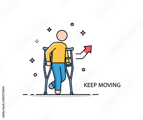 Person using crutches determined comeback idea showing a simplified figure confidently moving forward with crutches and a small upward arrow accent,